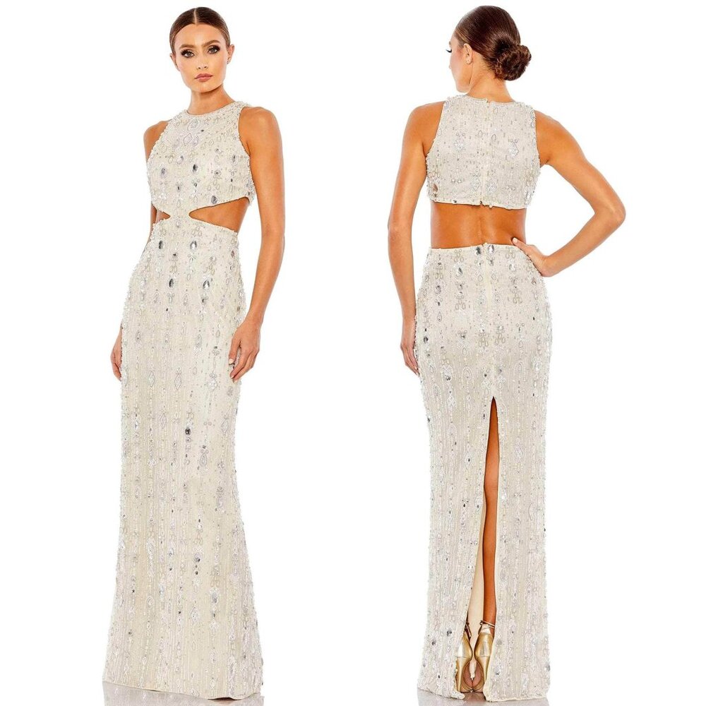 Mac Duggal Crystal Beaded Eleganza Column Dress 5740 Nude Silver Size 4 NEW NWT